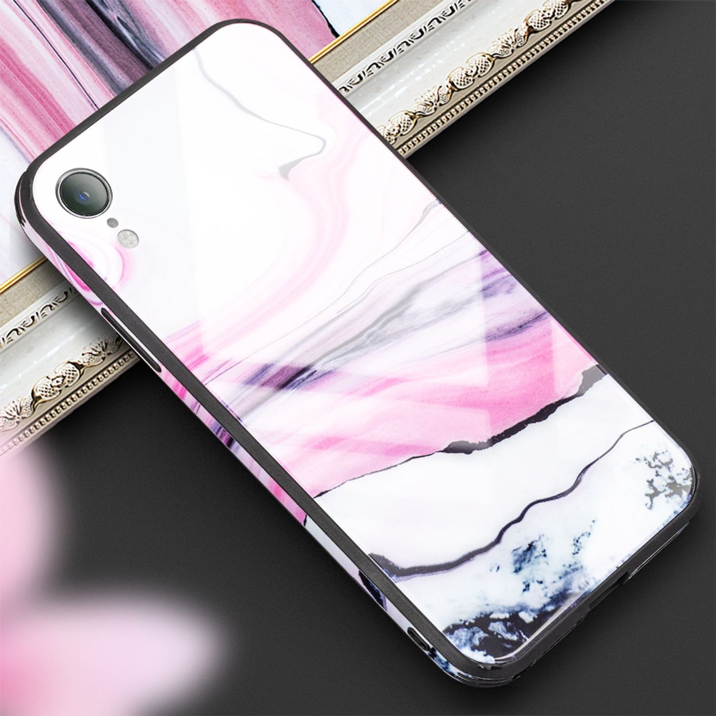NALIA Hartglas Hülle kompatibel mit iPhone XR, Marmor Design Hard-Case aus 9H Tempered Glass & Silikon Bumper, Kratzfeste Motiv Handyhülle Phone Cover Schutzhülle Handy-Tasche