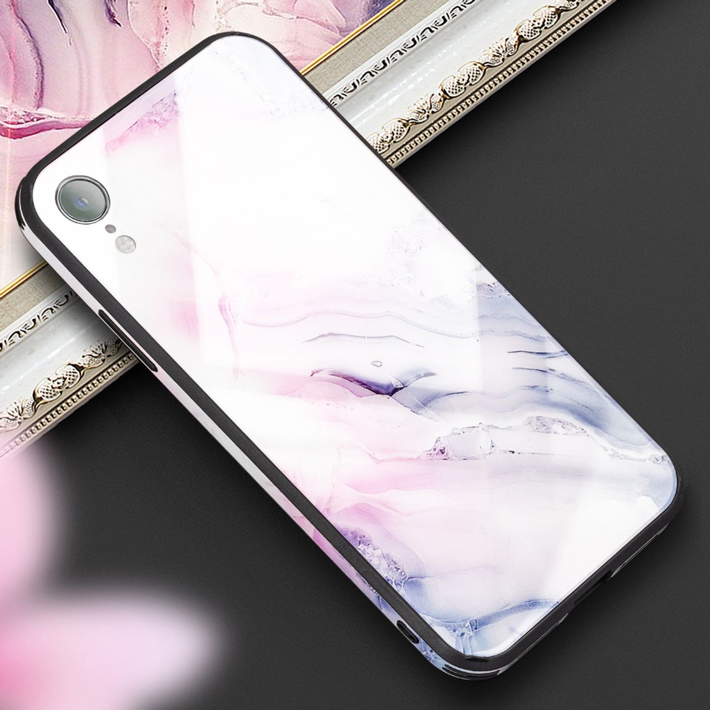 NALIA Hartglas Hülle kompatibel mit iPhone XR, Marmor Design Hard-Case aus 9H Tempered Glass & Silikon Bumper, Kratzfeste Motiv Handyhülle Phone Cover Schutzhülle Handy-Tasche