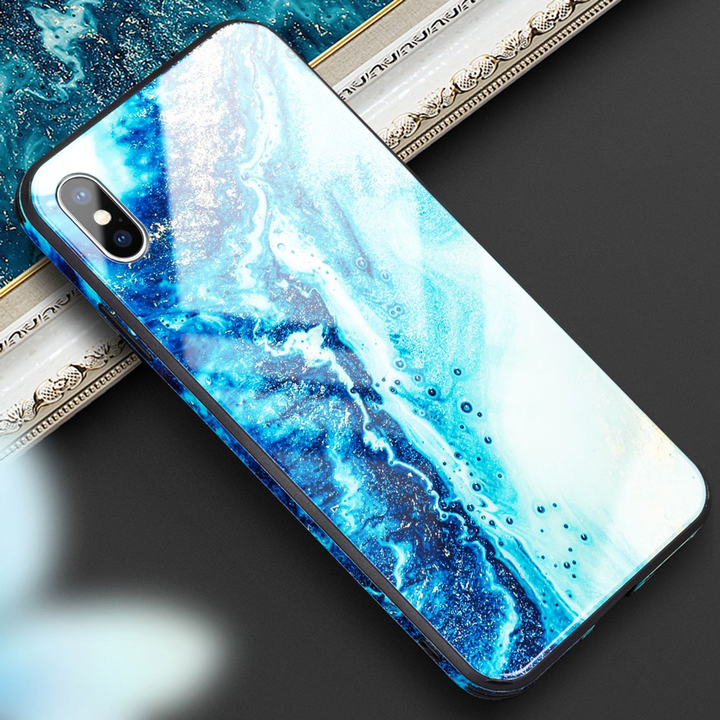 NALIA Hartglas Hülle kompatibel mit iPhone XS Max, Marmor Design Hard-Case aus 9H Tempered Glass & Silikon Bumper, Kratzfeste Handyhülle Phone Cover Schutzhülle Handy-Tasche