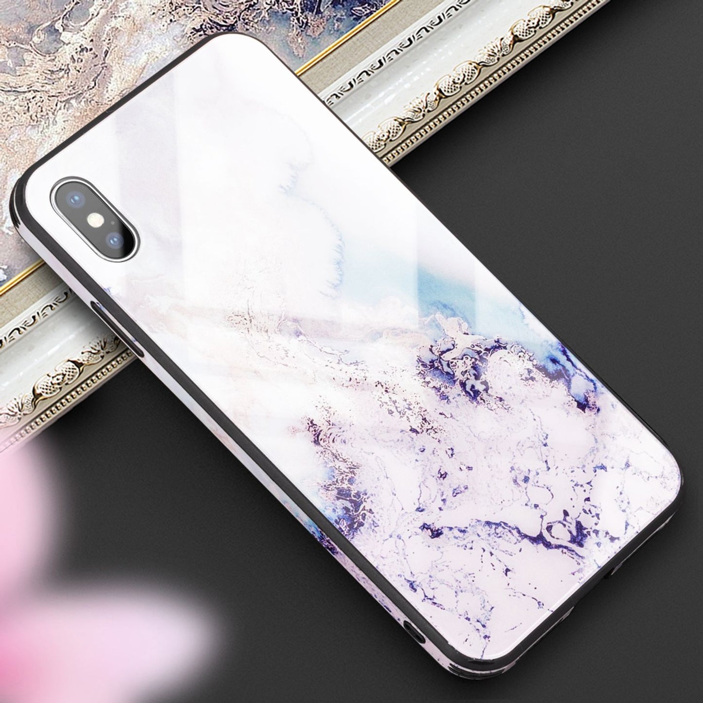 NALIA Hartglas Hülle kompatibel mit iPhone XS Max, Marmor Design Hard-Case aus 9H Tempered Glass & Silikon Bumper, Kratzfeste Handyhülle Phone Cover Schutzhülle Handy-Tasche