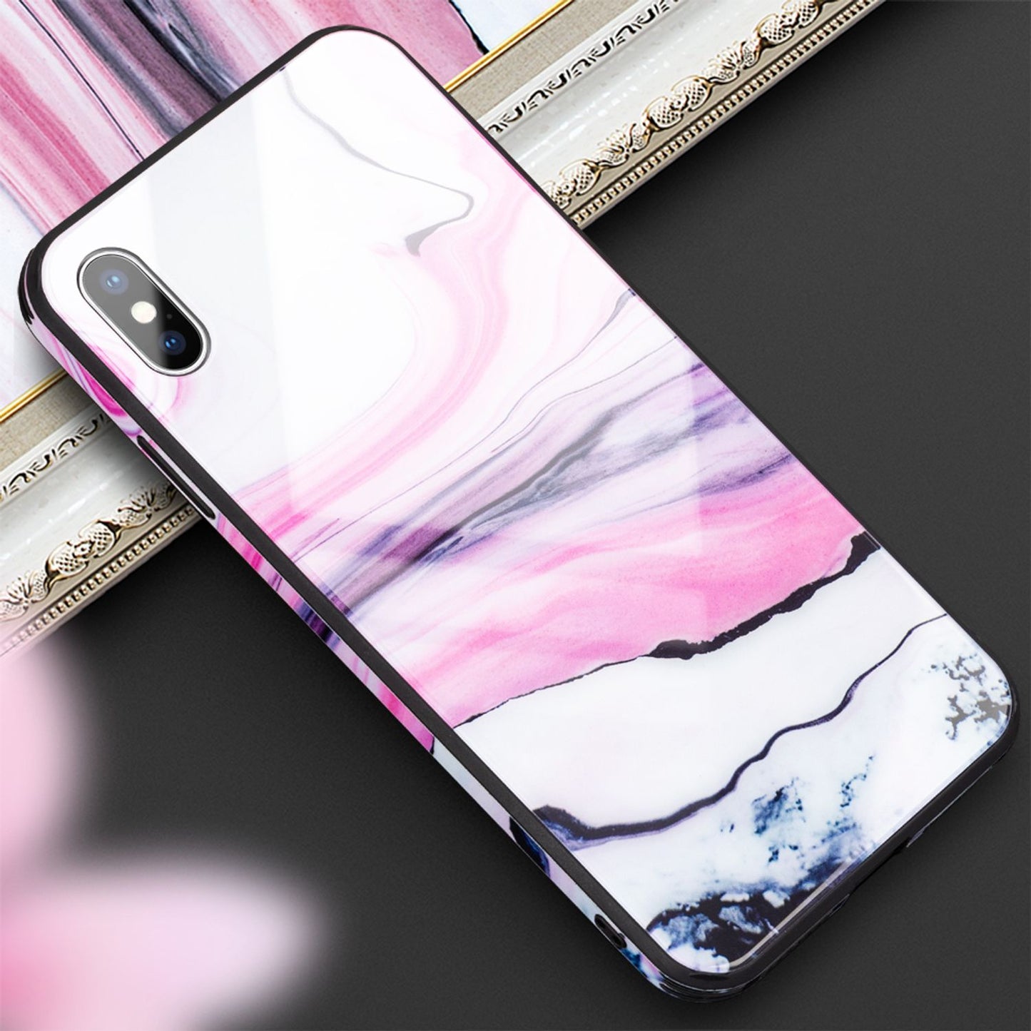 NALIA Hartglas Hülle kompatibel mit iPhone XS Max, Marmor Design Hard-Case aus 9H Tempered Glass & Silikon Bumper, Kratzfeste Handyhülle Phone Cover Schutzhülle Handy-Tasche