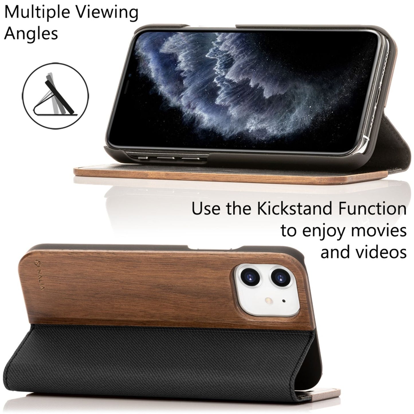 NALIA Echt-Holz Flipcase kompatibel mit iPhone 11 Hülle, Premium Wood Etui Handyhülle mit Klappe, Handy-Tasche Phone Case Cover Schutzhülle Flipcover Klapphülle, Rundum Wallet Schutz Bumper - Walnuss