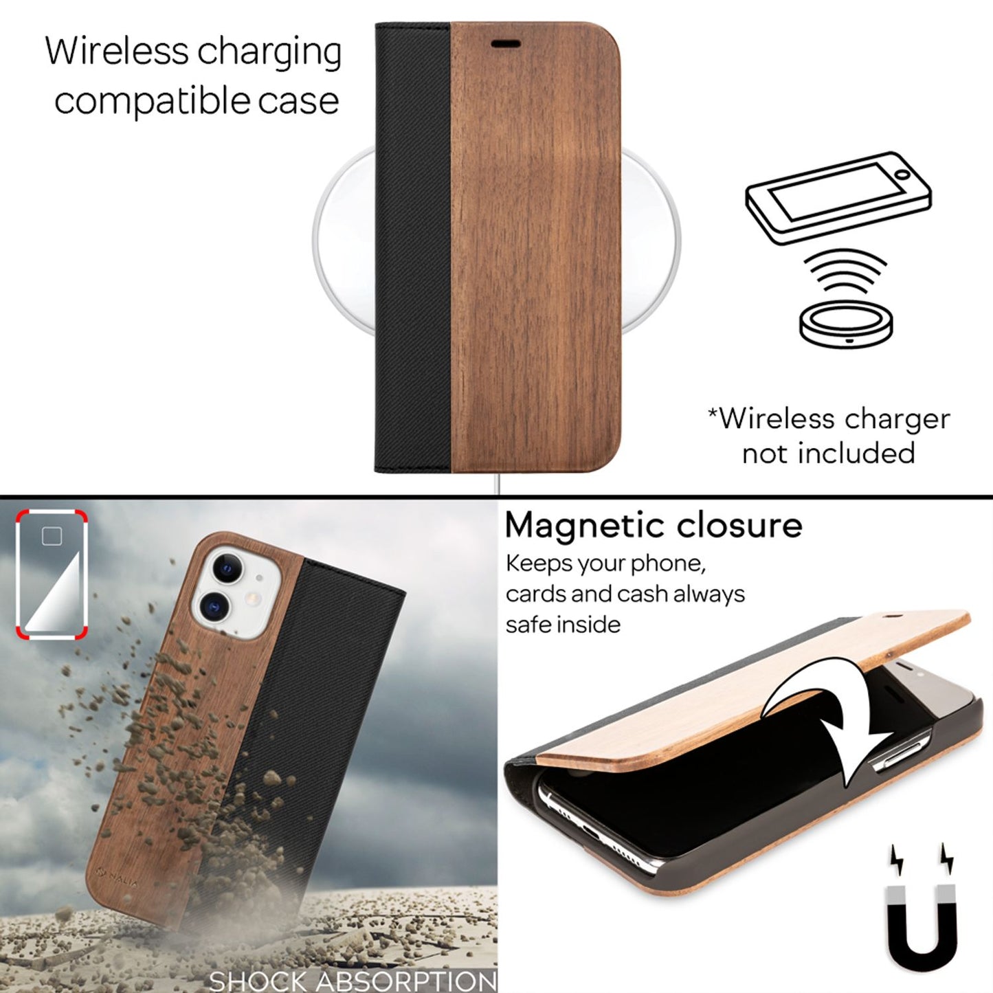 NALIA Echt-Holz Flipcase kompatibel mit iPhone 11 Hülle, Premium Wood Etui Handyhülle mit Klappe, Handy-Tasche Phone Case Cover Schutzhülle Flipcover Klapphülle, Rundum Wallet Schutz Bumper - Walnuss