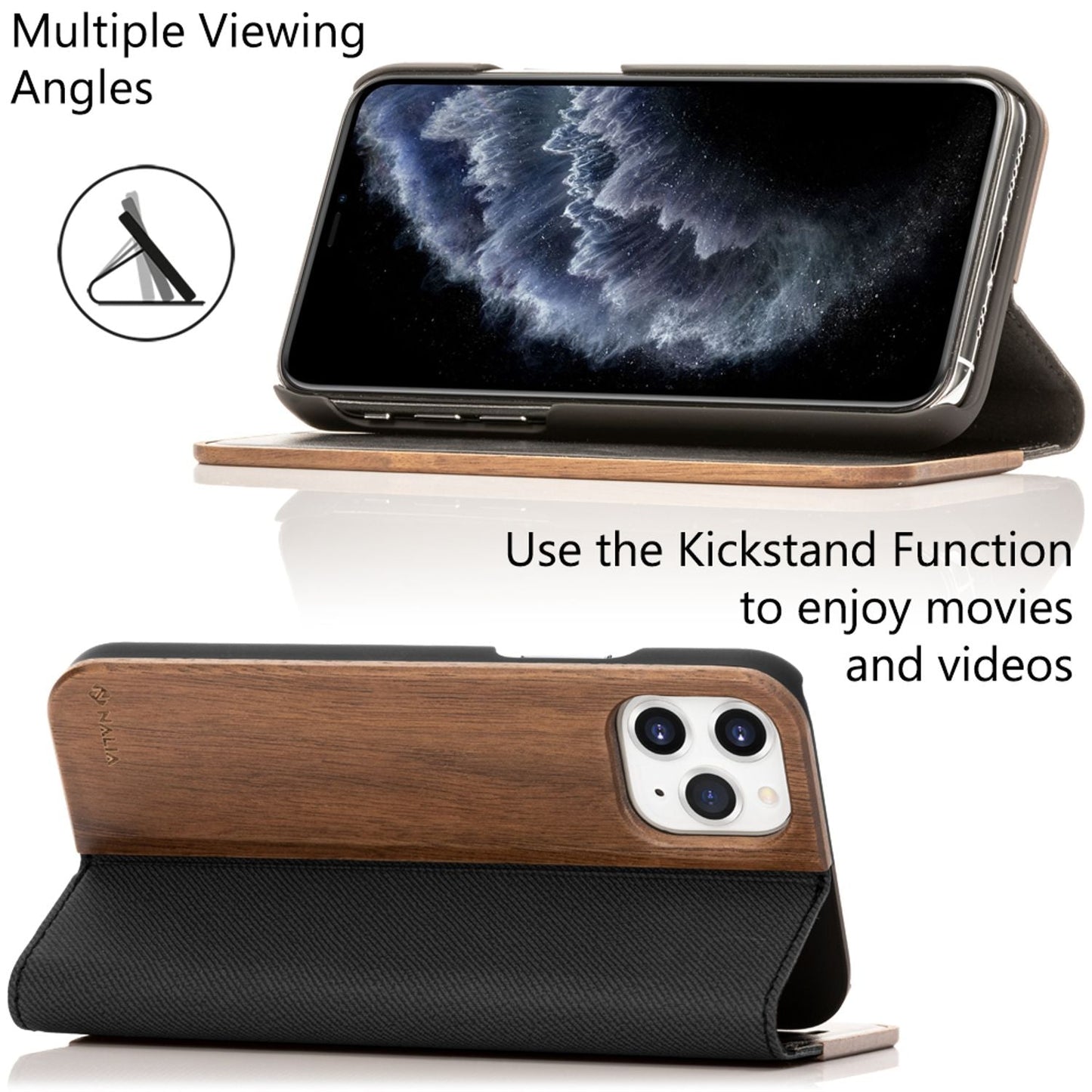 NALIA Echt-Holz Flipcase kompatibel mit iPhone 11 Pro Hülle, Premium Wood Etui Handyhülle mit Klappe, Handy-Tasche Phone Case Cover Schutzhülle Flipcover Klapphülle, Rundum Schutz Bumper - Walnuss