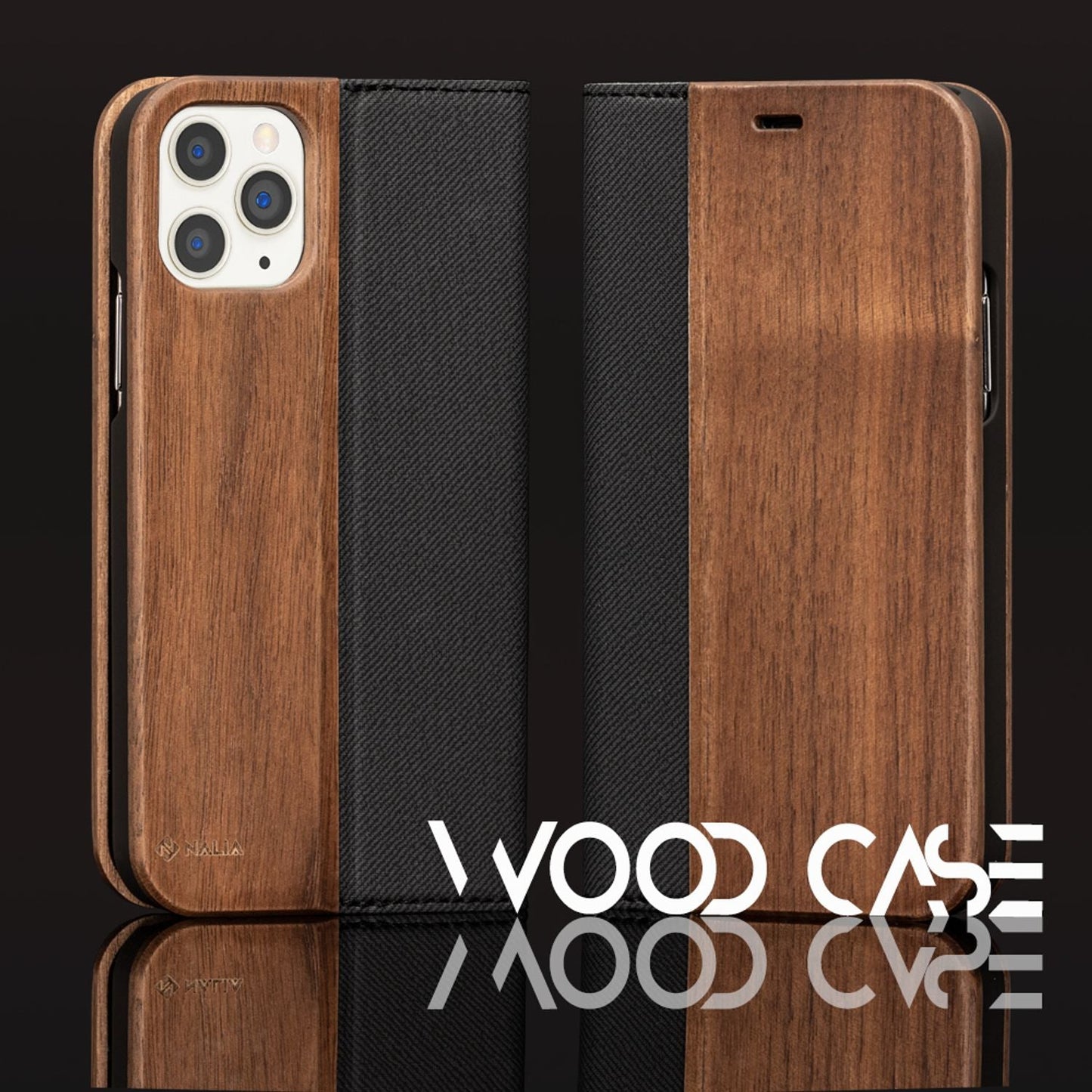 NALIA Echt-Holz Flipcase kompatibel mit iPhone 11 Pro Hülle, Premium Wood Etui Handyhülle mit Klappe, Handy-Tasche Phone Case Cover Schutzhülle Flipcover Klapphülle, Rundum Schutz Bumper - Walnuss