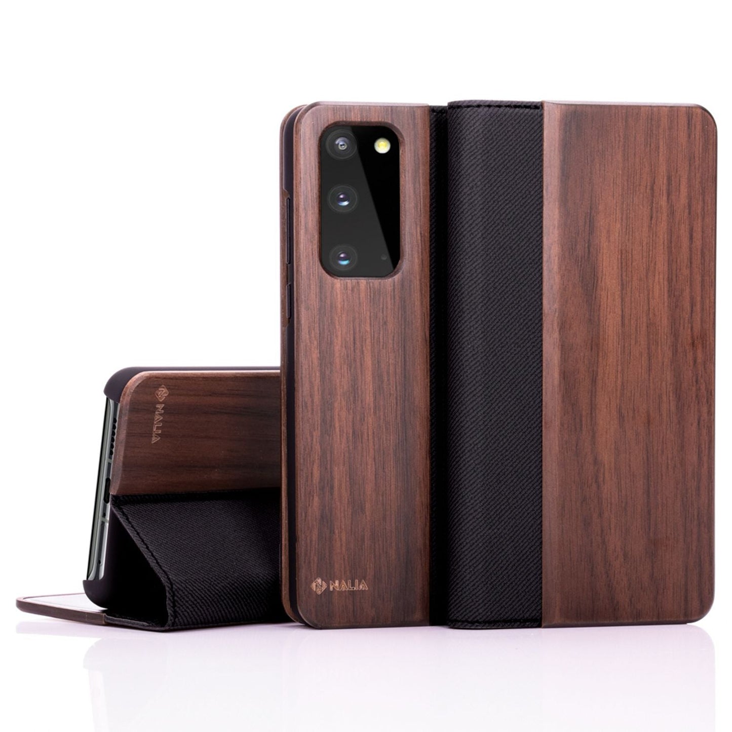 NALIA Echt-Holz Flipcase kompatibel mit Samsung Galaxy S20 Hülle, Premium Wood Etui Handyhülle mit Klappe Handy-Tasche Phone Case Cover Schutzhülle Flipcover Klapphülle Rundum Schutz Bumper - Walnuss