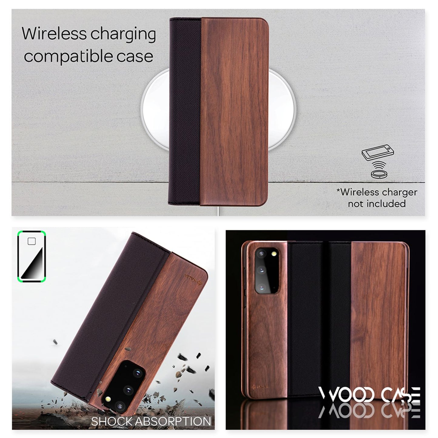 NALIA Echt-Holz Flipcase kompatibel mit Samsung Galaxy S20 Hülle, Premium Wood Etui Handyhülle mit Klappe Handy-Tasche Phone Case Cover Schutzhülle Flipcover Klapphülle Rundum Schutz Bumper - Walnuss