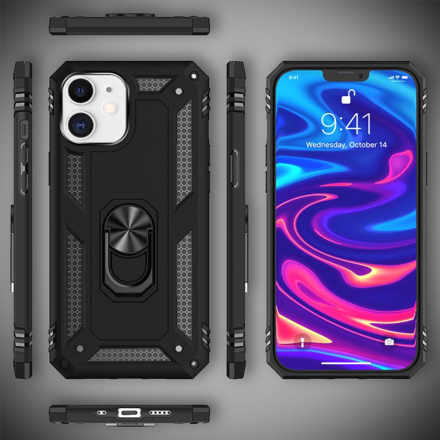 NALIA Panzerhülle für iPhone 12 Mini – Ring-Ständer 360° & Magnet-Halterung Kompatibel – RINGDEFEND (Stoßfestes Outdoor Case) – Marke aus Berlin