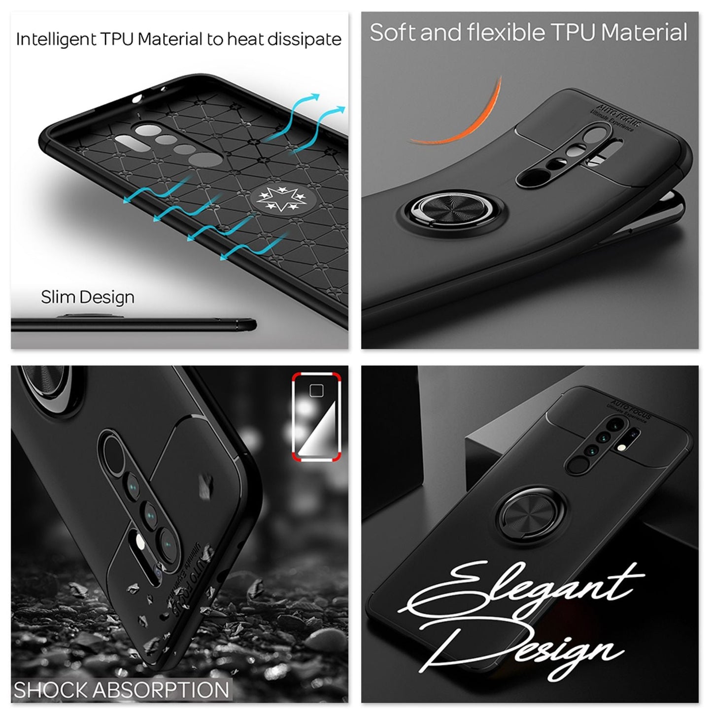 NALIA Ringhülle für Xiaomi Redmi 9 – Ring-Ständer 360° & für Magnet-Halter – GRIP360 (Mattiertes Silikon Case) – Marke aus Berlin