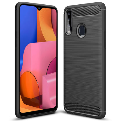 NALIA Design Case kompatibel mit Samsung Galaxy A20s Hülle, Carbon Look Stylische Handyhülle Stoßfeste Silikon Schutzhülle, Dünne Handy-Tasche Phone Cover Bumper Soft Skin TPU Etui Kratzfest - Schwarz