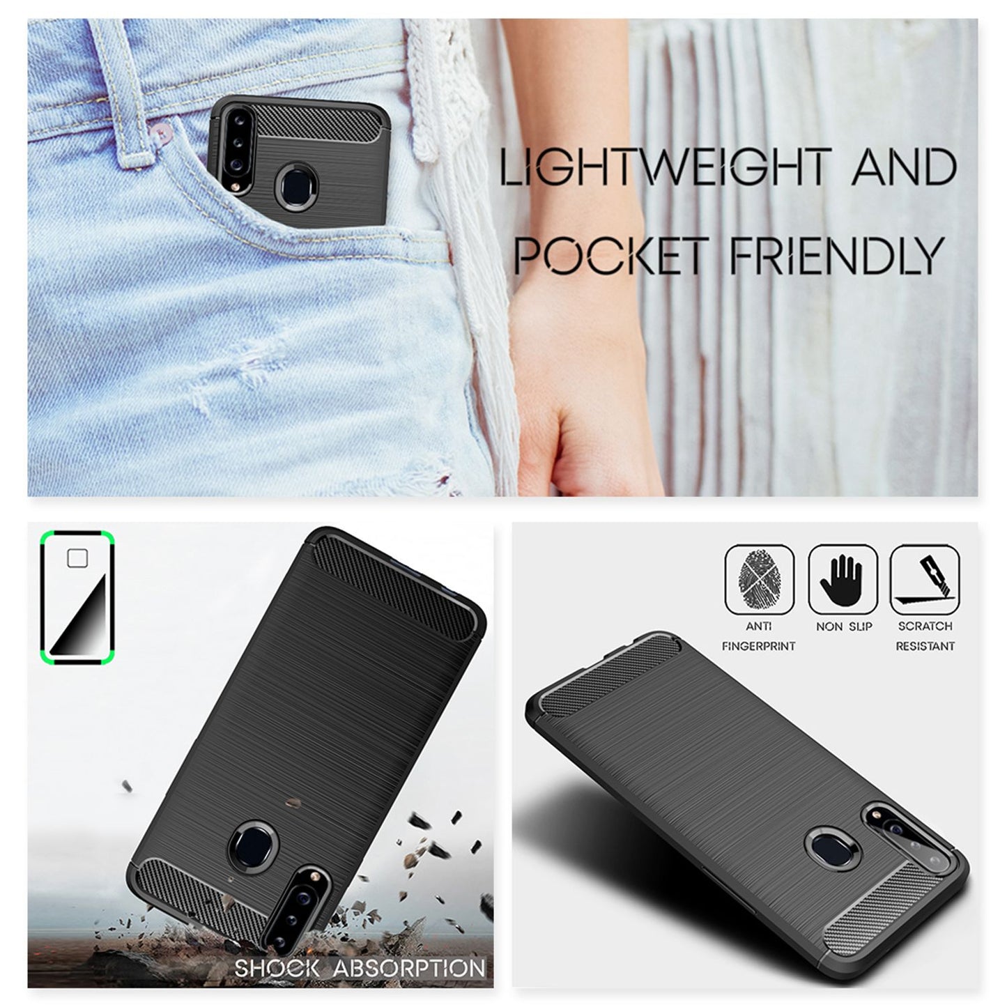 NALIA Design Case kompatibel mit Samsung Galaxy A20s Hülle, Carbon Look Stylische Handyhülle Stoßfeste Silikon Schutzhülle, Dünne Handy-Tasche Phone Cover Bumper Soft Skin TPU Etui Kratzfest - Schwarz