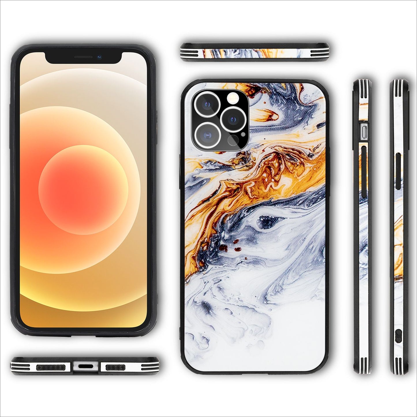 NALIA Marmor Glas Case für iPhone 12 Pro Max – Kratzfestes 9H Echtglas – MARBELLE (Silikon Bumper & Grip) – Marke aus Berlin