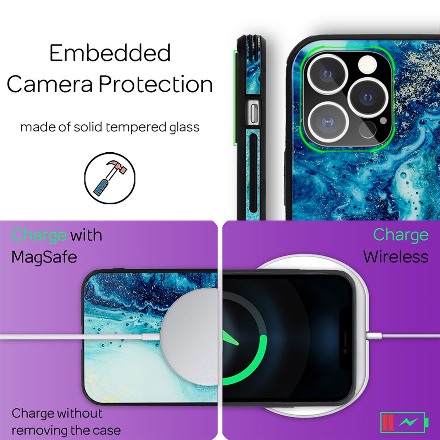 NALIA Marmor Glas Case für iPhone 12 Pro Max – Kratzfestes 9H Echtglas – MARBELLE (Silikon Bumper & Grip) – Marke aus Berlin