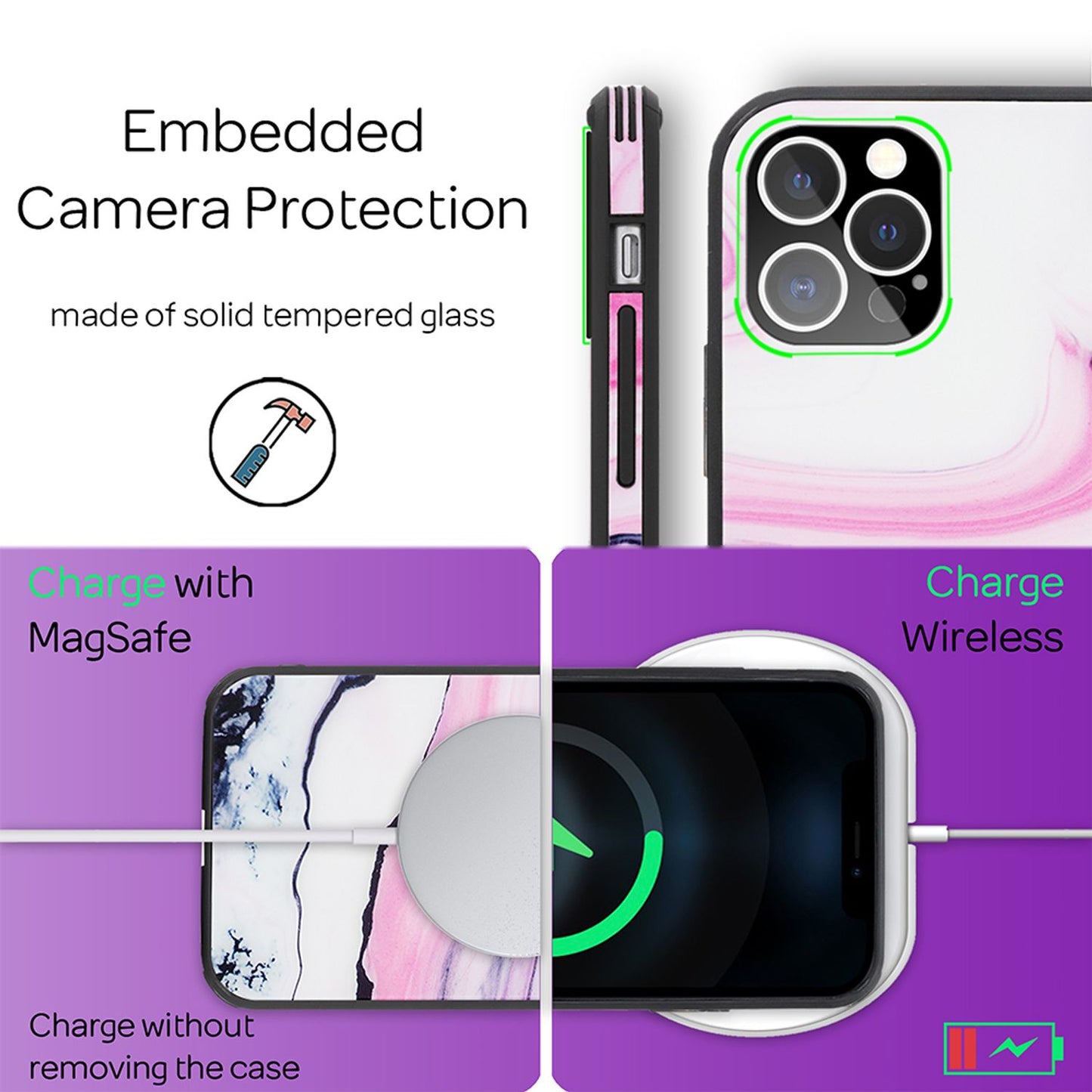 NALIA Marmor Glas Case für iPhone 12 Pro Max – Kratzfestes 9H Echtglas – MARBELLE (Silikon Bumper & Grip) – Marke aus Berlin