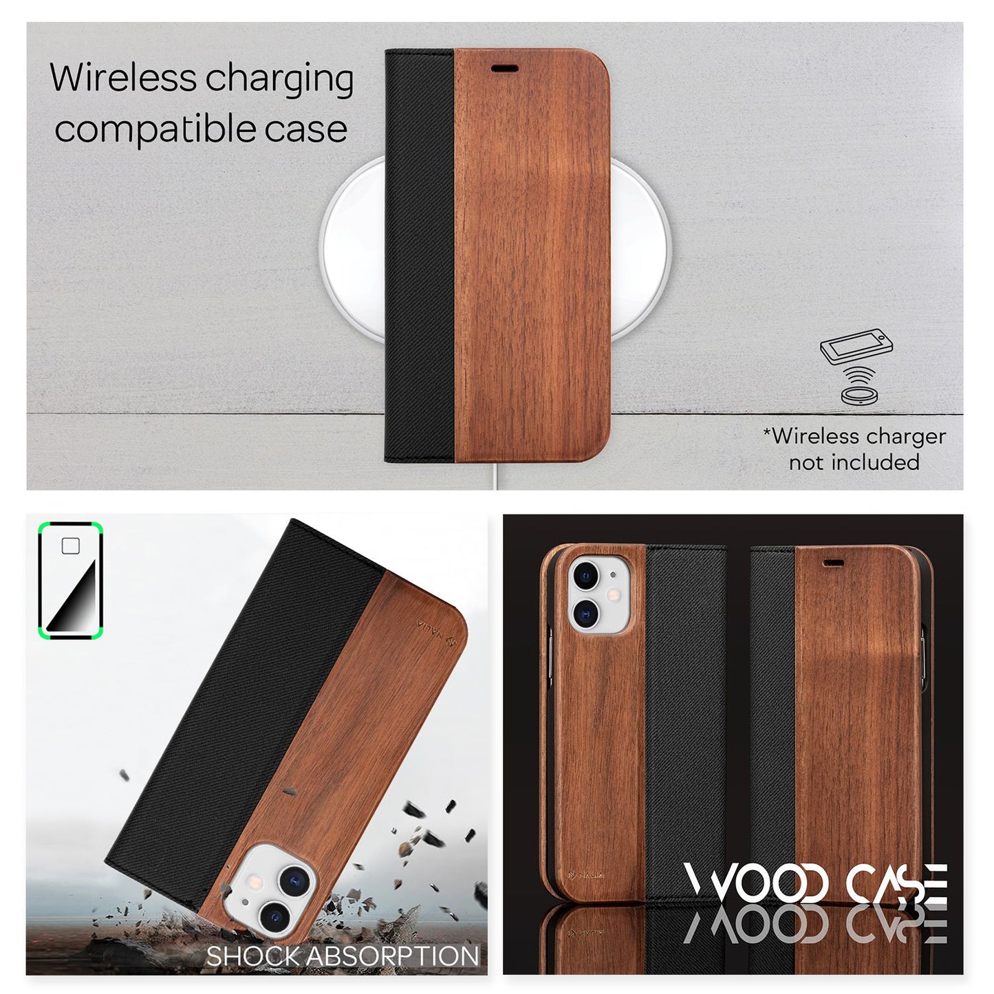 NALIA Echt-Holz Flipcase kompatibel mit iPhone 12 Mini Hülle, Premium Wood Etui Handyhülle mit Klappe, Handy-Tasche Phone Case Cover Schutzhülle Flipcover Klapphülle, Rundum Schutz Bumper - Walnuss