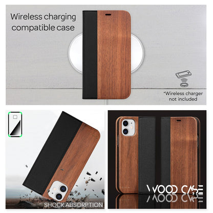 NALIA Echt-Holz Flipcase kompatibel mit iPhone 12 Mini Hülle, Premium Wood Etui Handyhülle mit Klappe, Handy-Tasche Phone Case Cover Schutzhülle Flipcover Klapphülle, Rundum Schutz Bumper - Walnuss