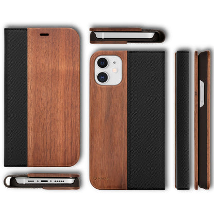 NALIA Echt-Holz Flipcase kompatibel mit iPhone 12 Pro / iPhone 12 Hülle, Premium Wood Etui Handyhülle mit Klappe, Handy-Tasche Phone Case Cover Schutzhülle Klapphülle, Rundum Schutz Bumper - Walnuss