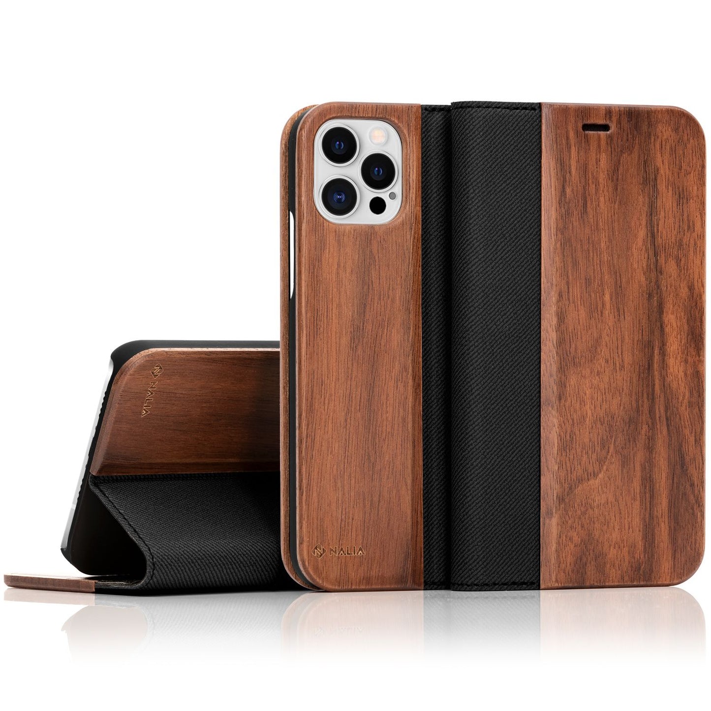 NALIA Echt-Holz Flipcase kompatibel mit iPhone 12 Pro Max Hülle, Premium Wood Etui Handyhülle mit Klappe, Handy-Tasche Phone Case Cover Schutzhülle Flipcover Klapphülle Rundum Schutz Bumper - Walnuss
