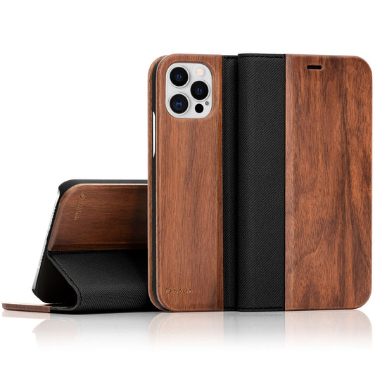NALIA Echt-Holz Flipcase kompatibel mit iPhone 12 Pro Max Hülle, Premium Wood Etui Handyhülle mit Klappe, Handy-Tasche Phone Case Cover Schutzhülle Flipcover Klapphülle Rundum Schutz Bumper - Walnuss