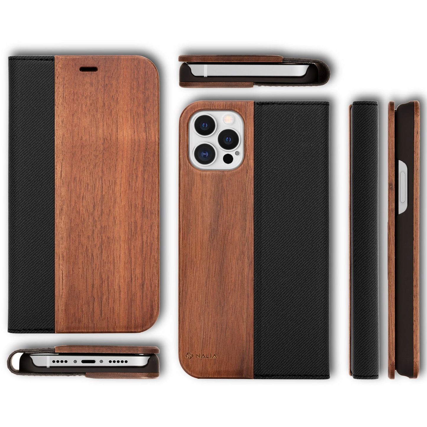 NALIA Echt-Holz Flipcase kompatibel mit iPhone 12 Pro Max Hülle, Premium Wood Etui Handyhülle mit Klappe, Handy-Tasche Phone Case Cover Schutzhülle Flipcover Klapphülle Rundum Schutz Bumper - Walnuss