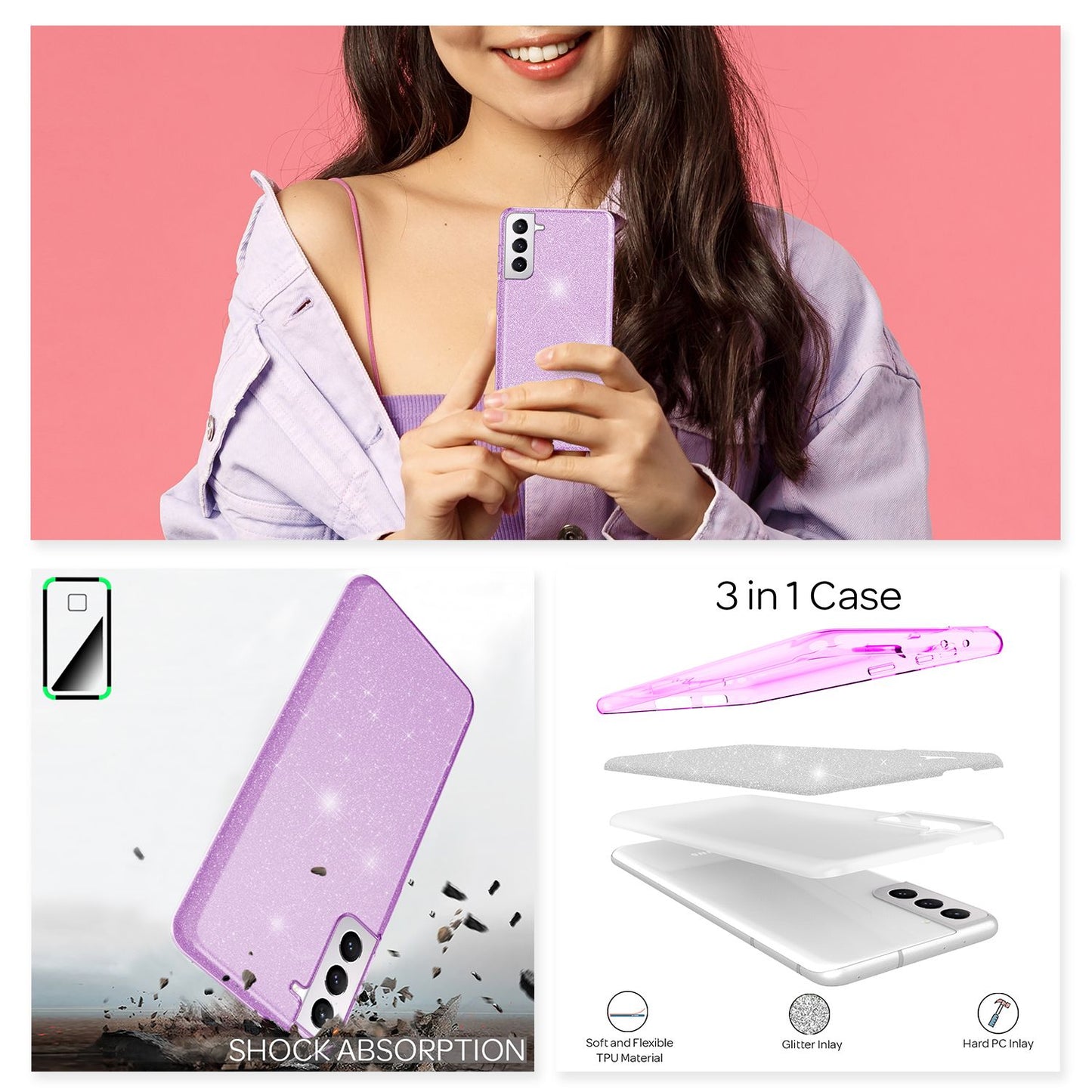 NALIA Glitzerhülle für Samsung Galaxy S21 – Funkelnder Glitzer-Look & Grip – SHINEPOP (Silikon Case) – Marke aus Berlin