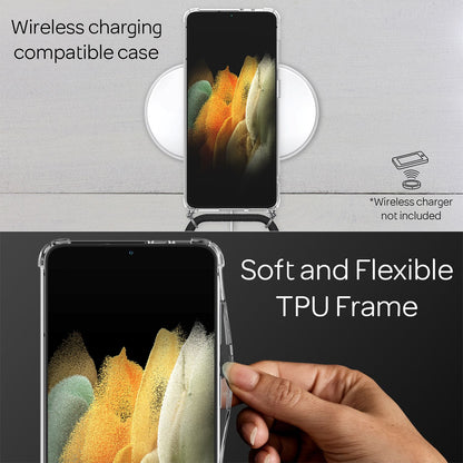 NALIA Handykette für Samsung Galaxy S21 – Transparentes Hybrid-Case & Band – HANGIT (Anti-Gelb Rückseite & Verstellbar) – Marke aus Berlin