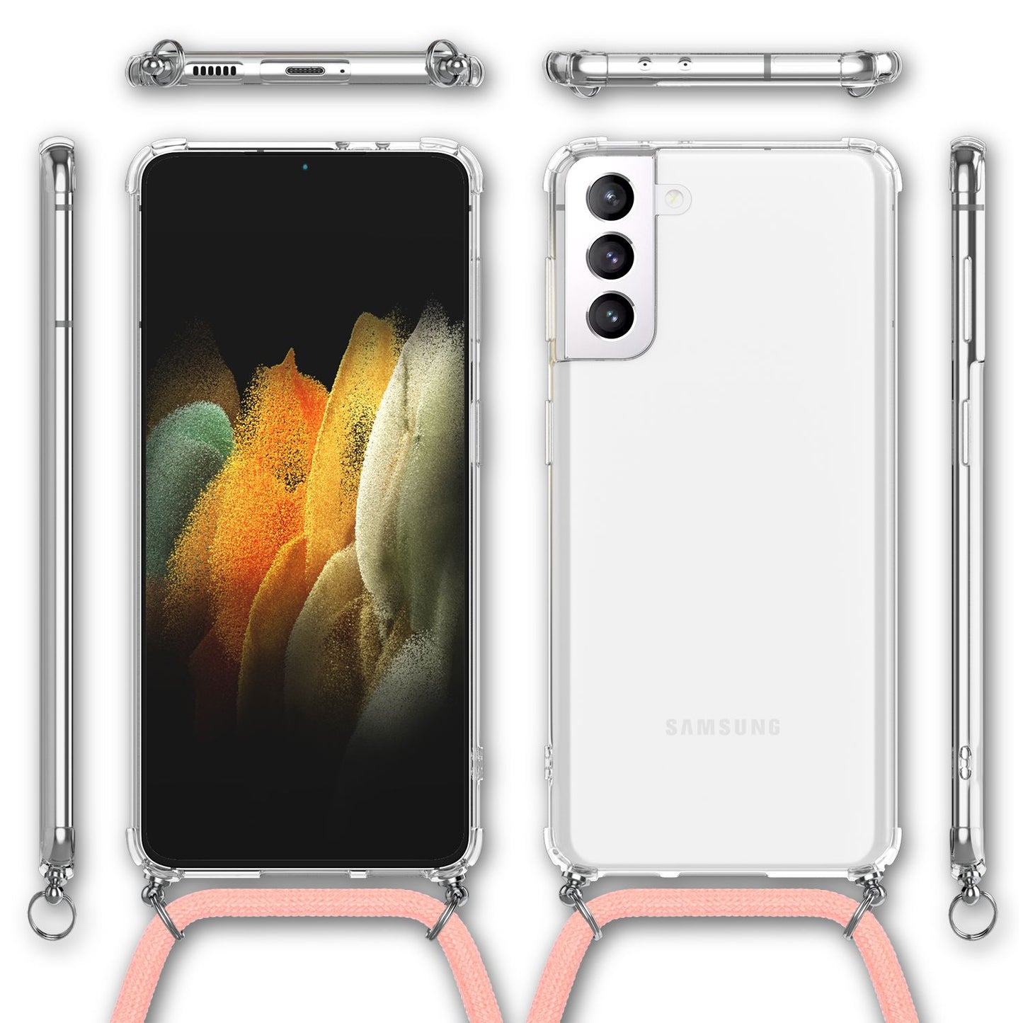 NALIA Handykette für Samsung Galaxy S21 – Transparentes Hybrid-Case & Band – HANGIT (Anti-Gelb Rückseite & Verstellbar) – Marke aus Berlin