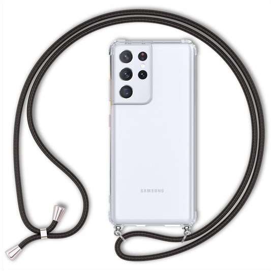 NALIA Handykette für Samsung Galaxy S21 Ultra – Transparentes Hybrid-Case & Band – HANGIT (Anti-Gelb Rückseite & Verstellbar) – Marke aus Berlin
