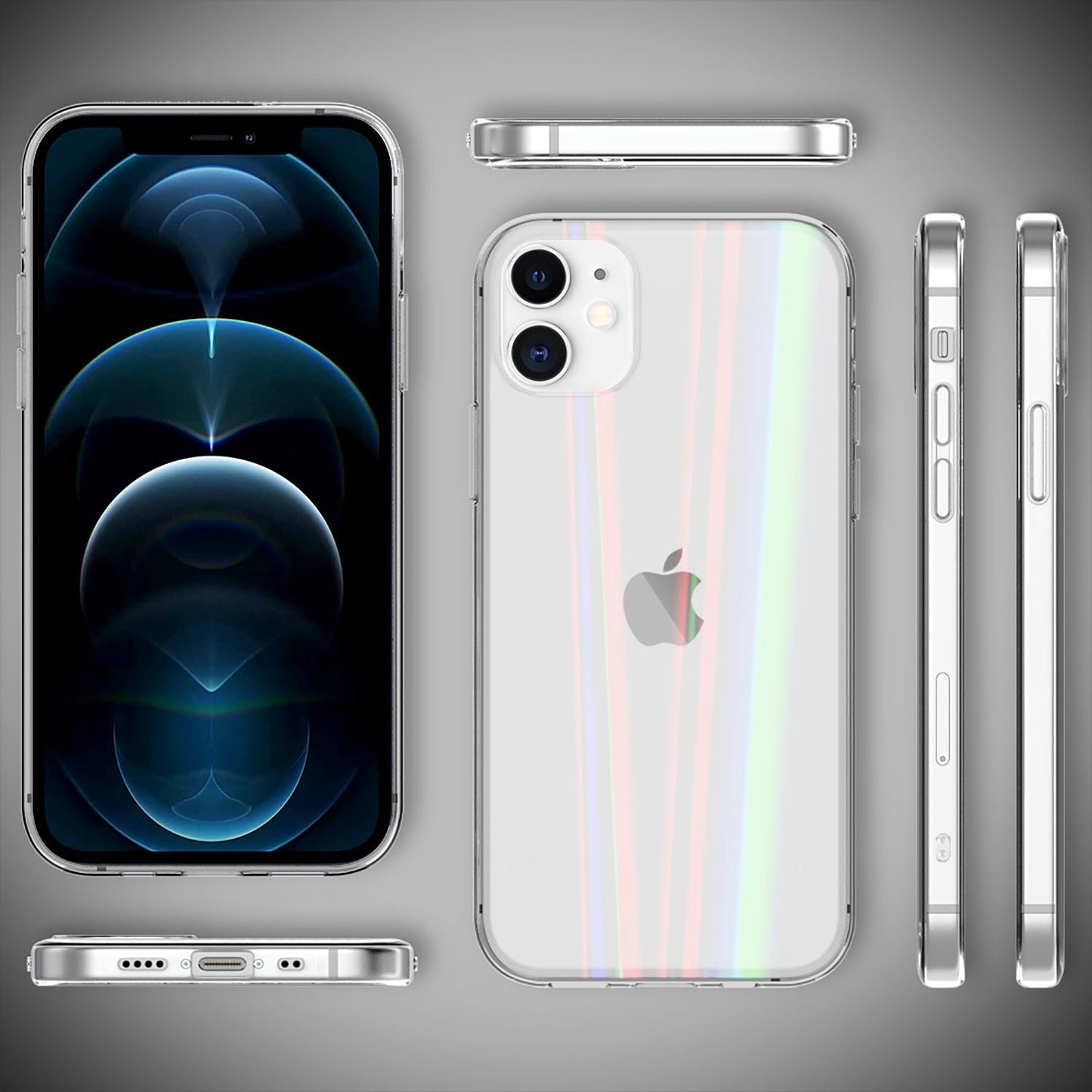 NALIA Klares Hartglas Case kompatibel mit iPhone 12 Mini Hülle, Durchsichtiges Regenbogen Hardcase aus Tempered Glass & Silikon Bumper, Holografisch Bunt Glänzende Handyhülle Cover