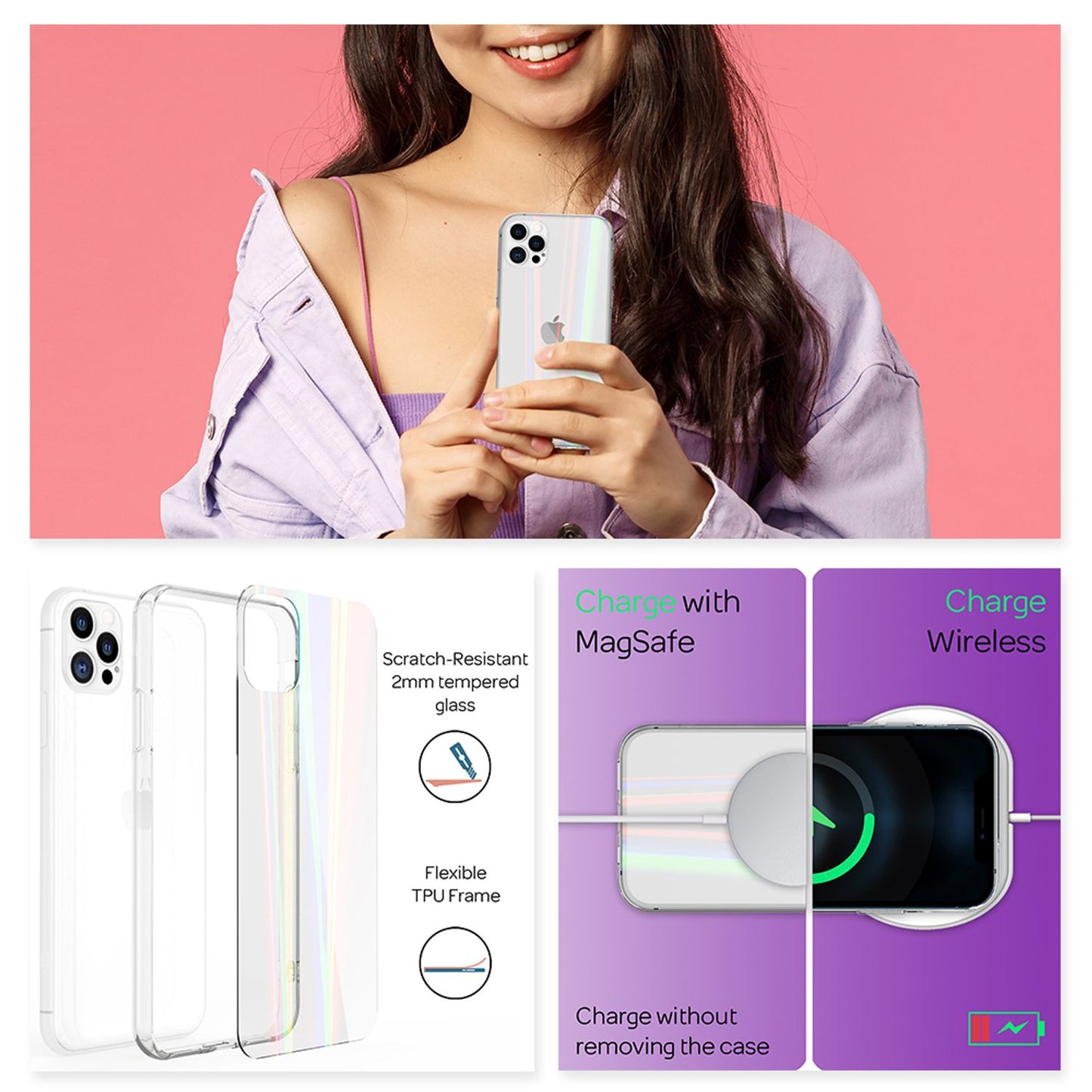 NALIA Transparente Glashülle für iPhone 12 Pro Max – Holografischer Prisma-Effekt (Regenbogen Schimmer) – 9H Hartglas & Anti-Gelb – AURORA – Marke aus Berlin
