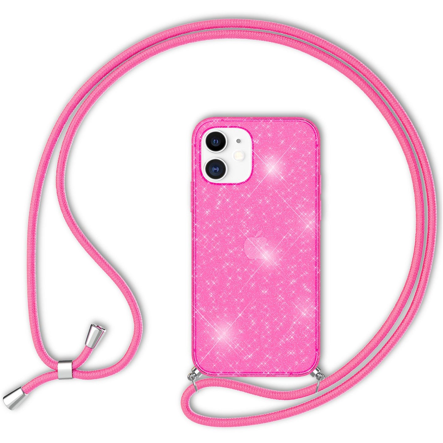 NALIA Handykette mit Neon Glitzerhülle für iPhone 12 Mini – Durchsichtig & Funkelnd – HANGIT SPARK (Transparentes Silikon Case zum Umhängen) – Marke aus Berlin