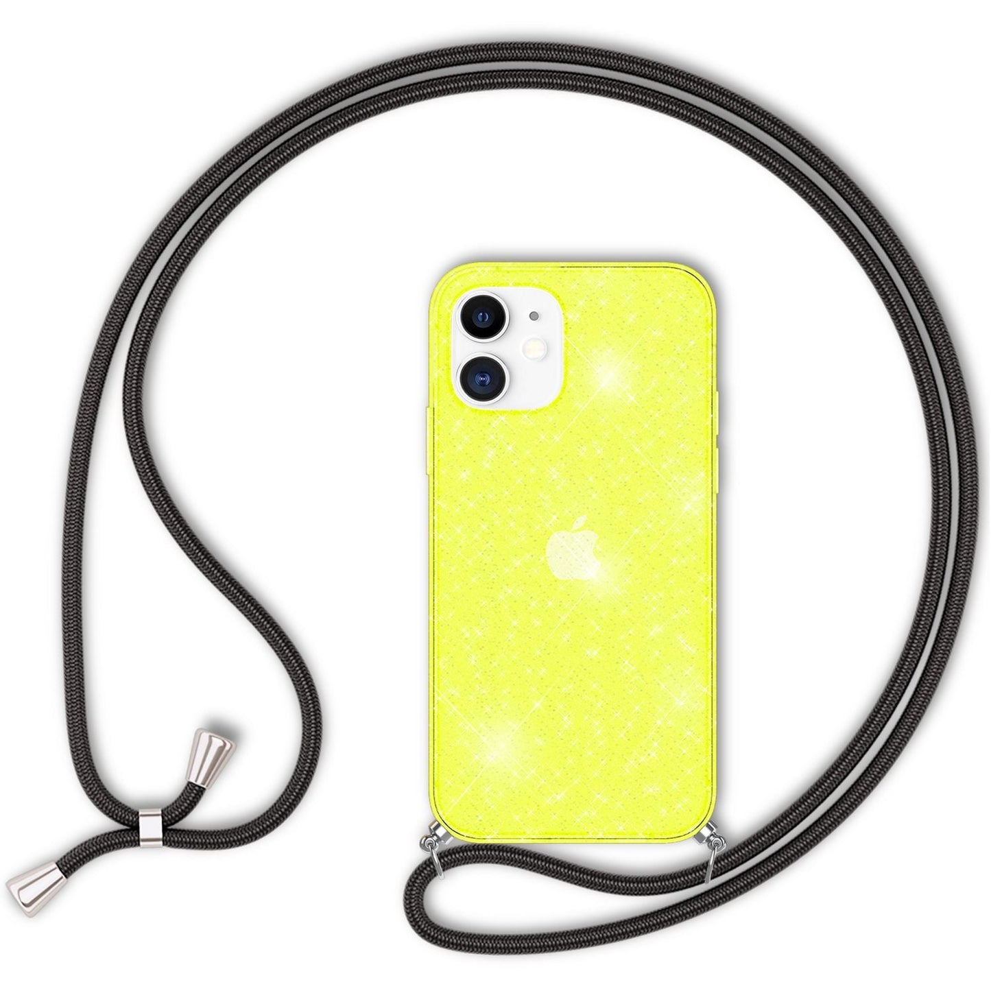 NALIA Handykette mit Neon Glitzerhülle für iPhone 12 / 12 Pro – Durchsichtig & Funkelnd – HANGIT SPARK (Transparentes Silikon Case zum Umhängen) – Marke aus Berlin