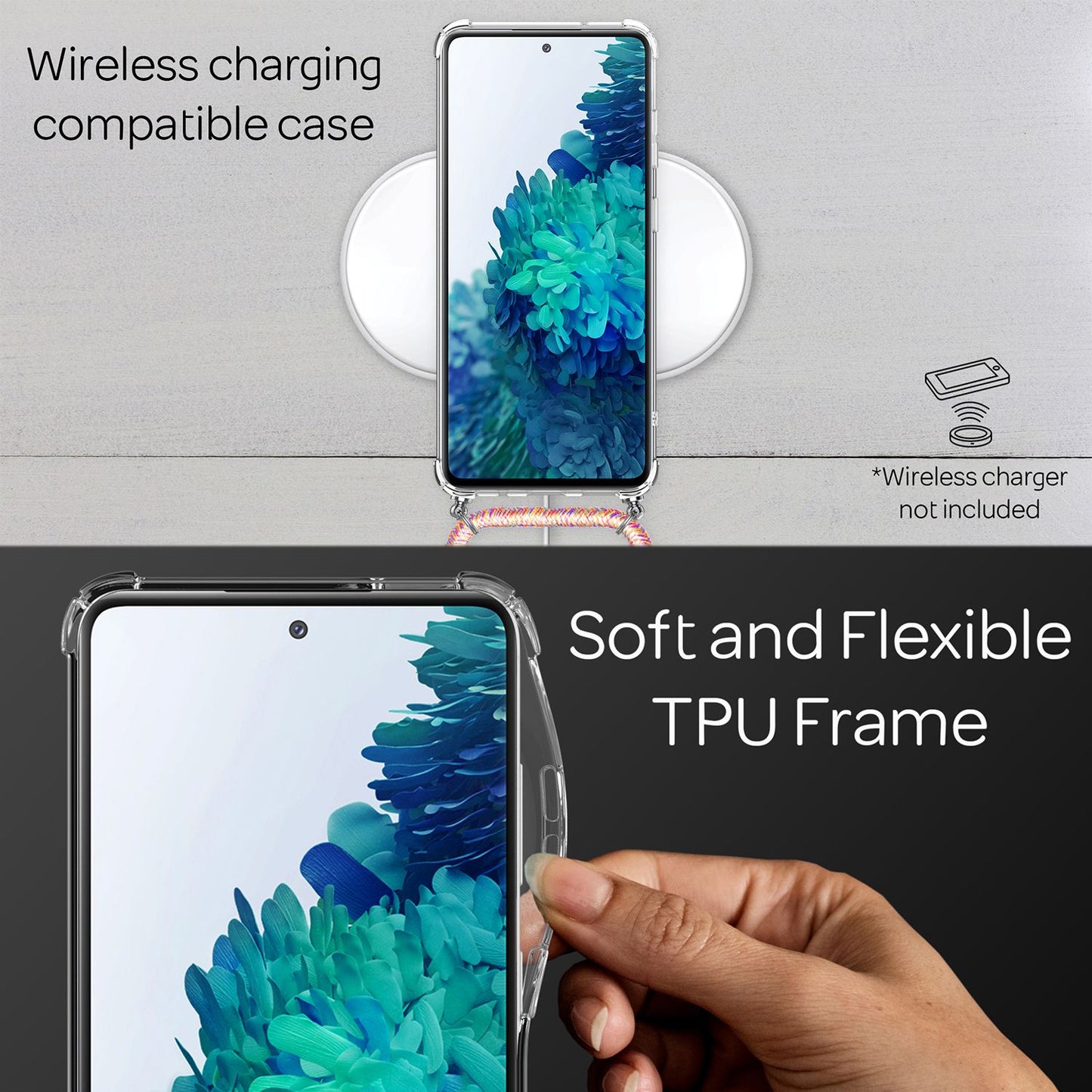 NALIA Handykette für Samsung Galaxy S20 FE – Transparentes Hybrid-Case & Band – HANGIT (Anti-Gelb Rückseite & Verstellbar) – Marke aus Berlin