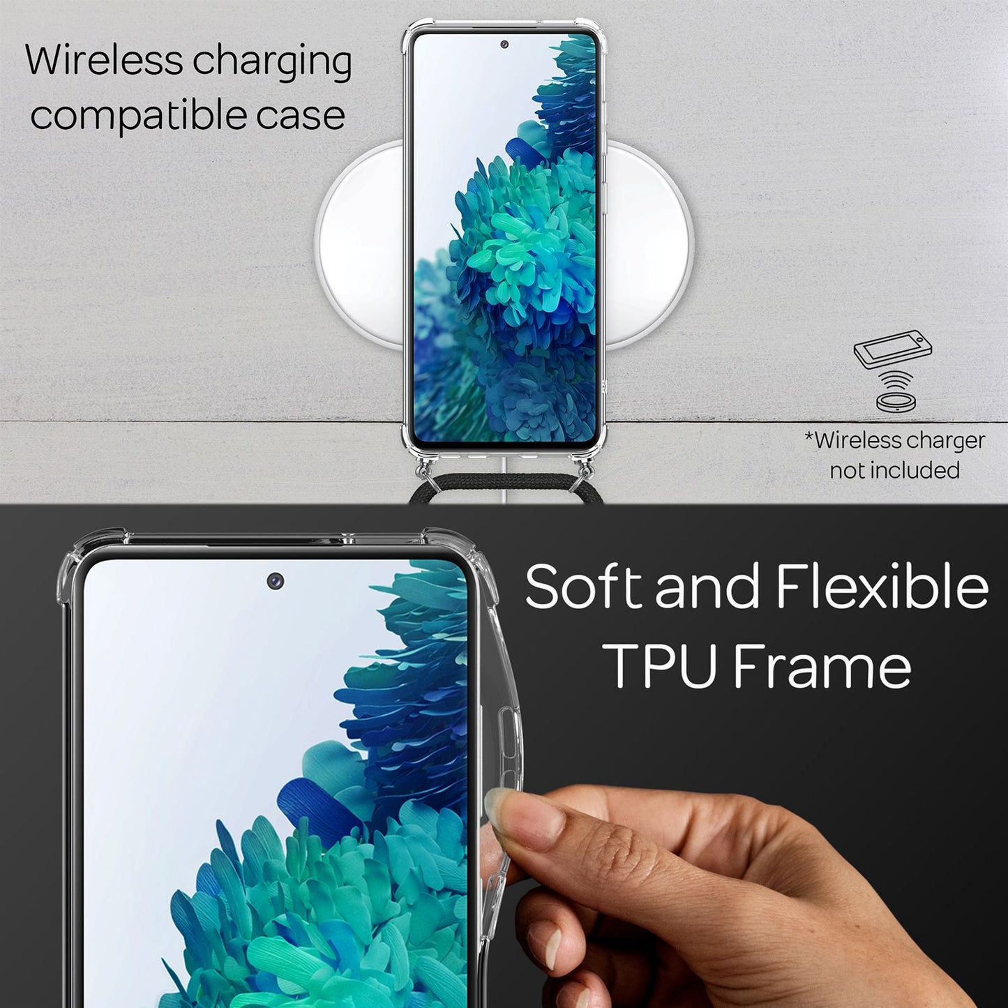 NALIA Handykette für Samsung Galaxy S20 FE – Transparentes Hybrid-Case & Band – HANGIT (Anti-Gelb Rückseite & Verstellbar) – Marke aus Berlin