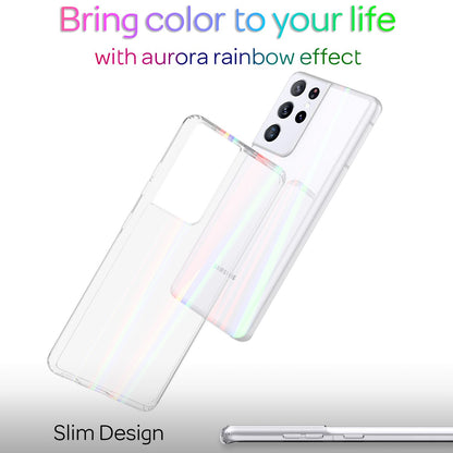 NALIA Klares Hartglas Case kompatibel mit Samsung Galaxy S21 Ultra Hülle, Transparentes Regenbogen Hardcase aus Tempered Glass & Silikon Bumper, Holografisch Bunt Glänzende Handyhülle Cover Kratzfest