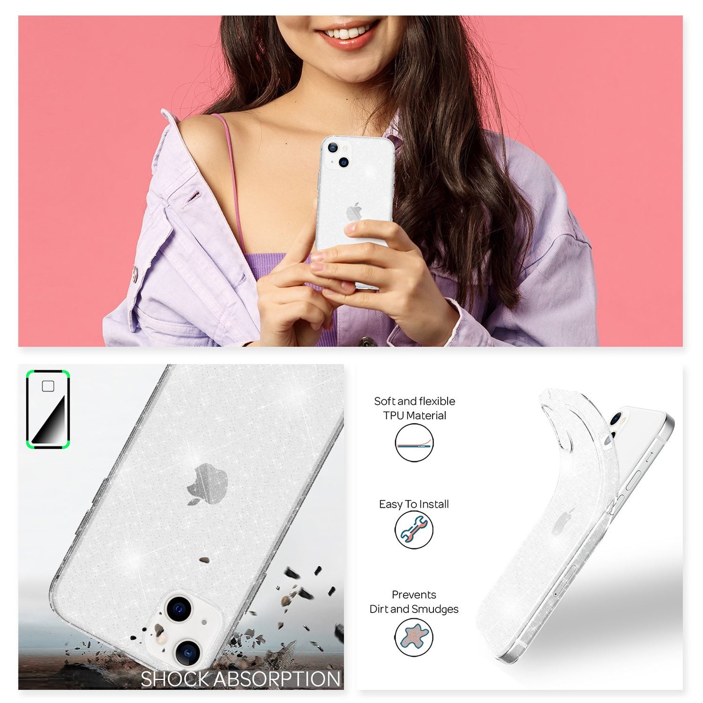 NALIA Glitzerhülle für iPhone 13 Mini – Funkelndes Silikon Case – DAZZLIN (Transparent & Stoßfest) – Marke aus Berlin