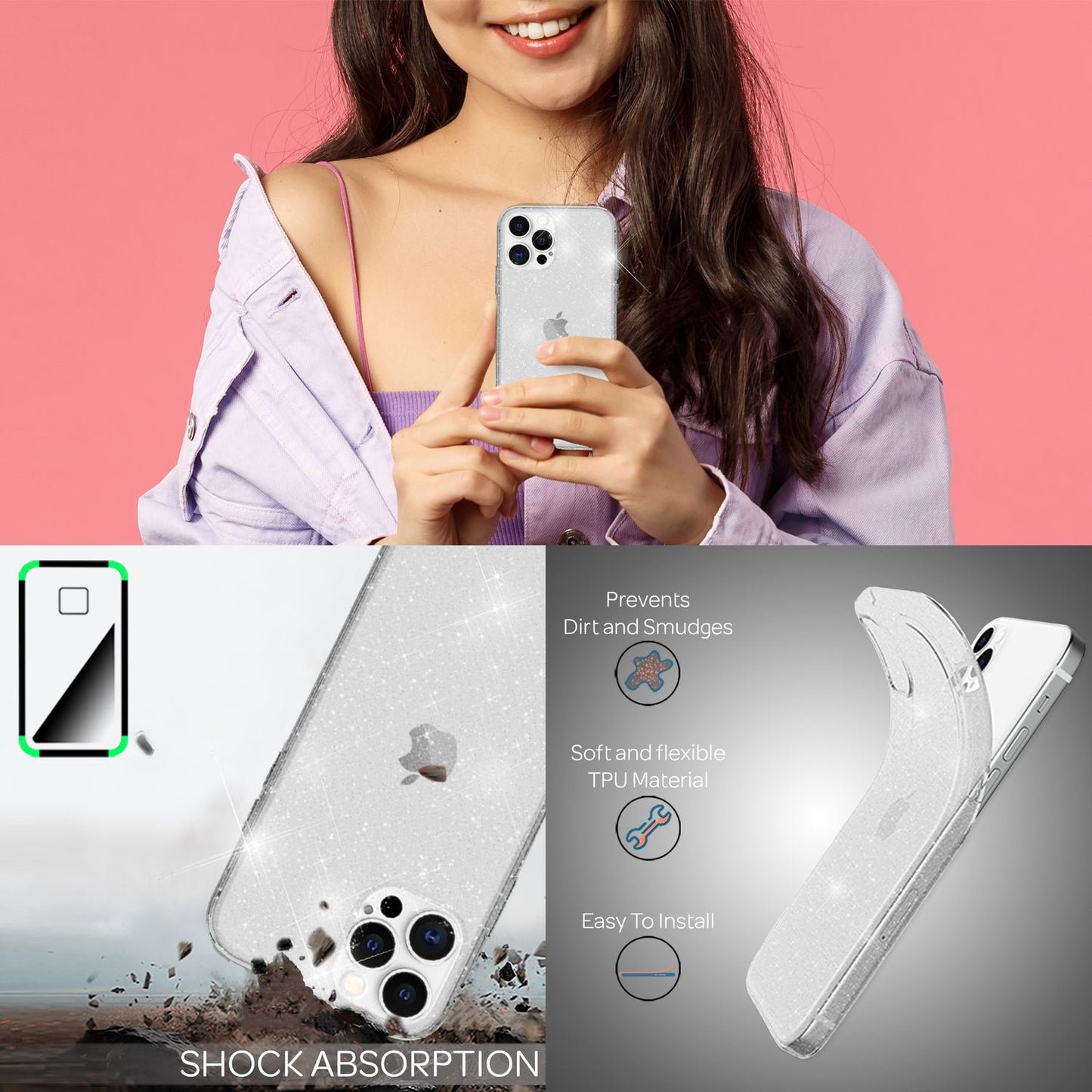 NALIA Glitzerhülle für iPhone 13 Pro Max – Funkelndes Silikon Case – DAZZLIN (Transparent & Stoßfest) – Marke aus Berlin