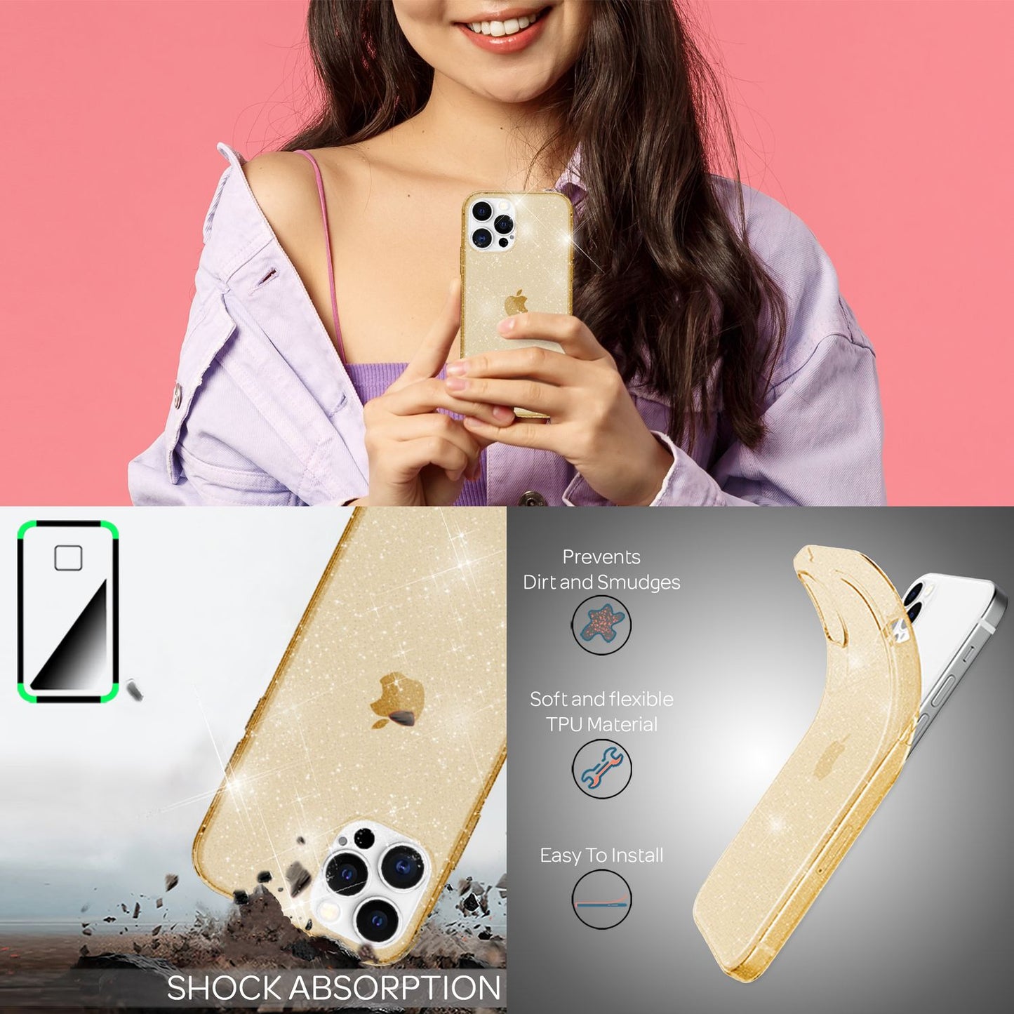 NALIA Glitzerhülle für iPhone 13 Pro Max – Funkelndes Silikon Case – DAZZLIN (Transparent & Stoßfest) – Marke aus Berlin