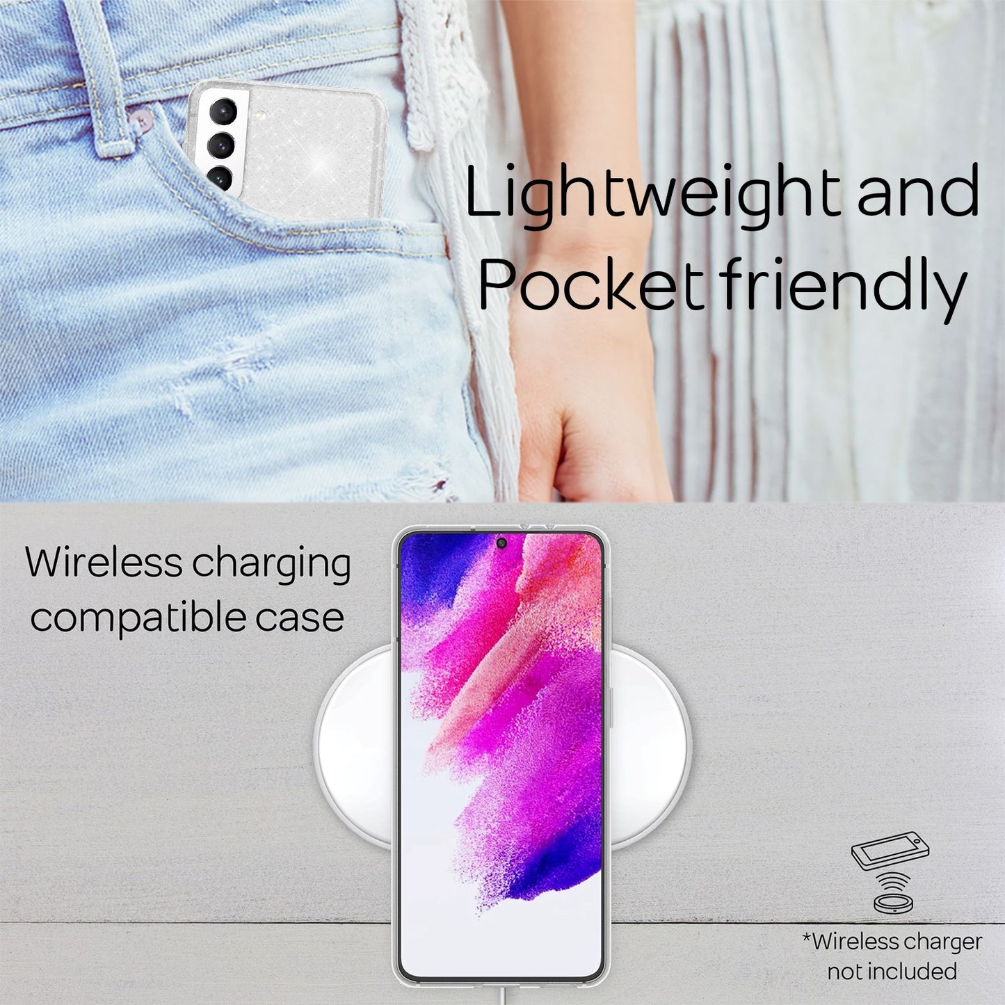 NALIA Glitzerhülle für Samsung Galaxy S21 FE – Funkelndes Silikon Case – DAZZLIN (Transparent & Stoßfest) – Marke aus Berlin