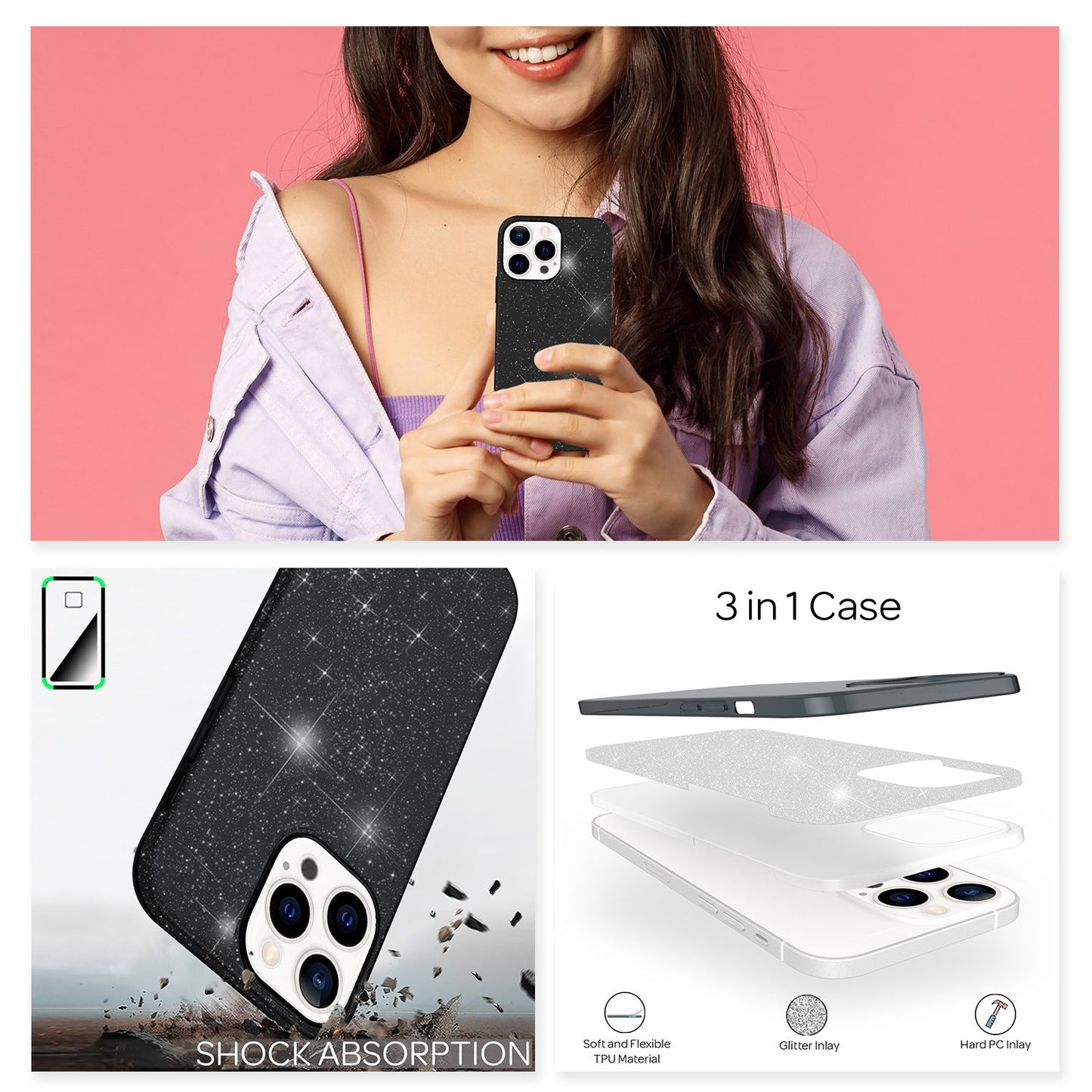 NALIA Glitzerhülle für iPhone 13 Pro – Funkelnder Glitzer-Look & Grip – SHINEPOP (Silikon Case) – Marke aus Berlin