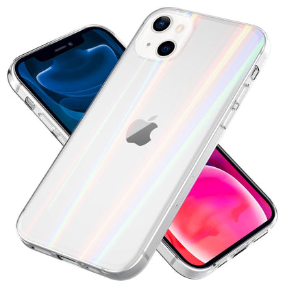 NALIA Klares Hartglas Case kompatibel mit iPhone 13 Mini Hülle, Transparent Regenbogen Effekt Anti-Gelb Kratzfest Tempered Glass & Silikon Bumper, Holografisch Bunt Glänzende Handyhülle Durchsichtig