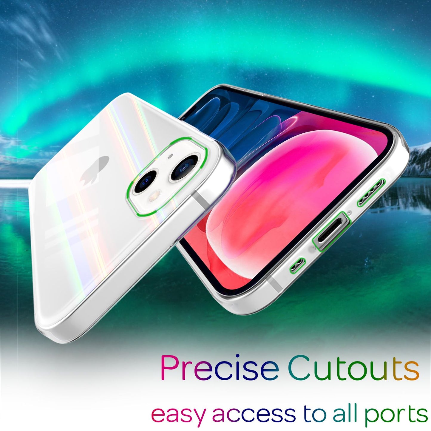 NALIA Klares Hartglas Case kompatibel mit iPhone 13 Mini Hülle, Transparent Regenbogen Effekt Anti-Gelb Kratzfest Tempered Glass & Silikon Bumper, Holografisch Bunt Glänzende Handyhülle Durchsichtig