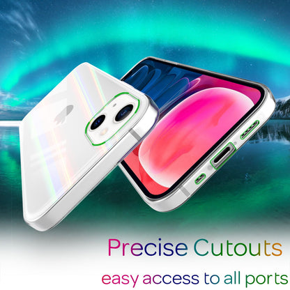 NALIA Klares Hartglas Case kompatibel mit iPhone 13 Mini Hülle, Transparent Regenbogen Effekt Anti-Gelb Kratzfest Tempered Glass & Silikon Bumper, Holografisch Bunt Glänzende Handyhülle Durchsichtig