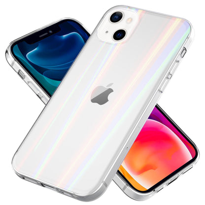 NALIA Klares Hartglas Case kompatibel mit iPhone 13 Hülle, Transparent Regenbogen Effekt Anti-Gelb Kratzfest Tempered Glass & Silikon Bumper, Holografisch Bunt Glänzende Handyhülle Cover Durchsichtig
