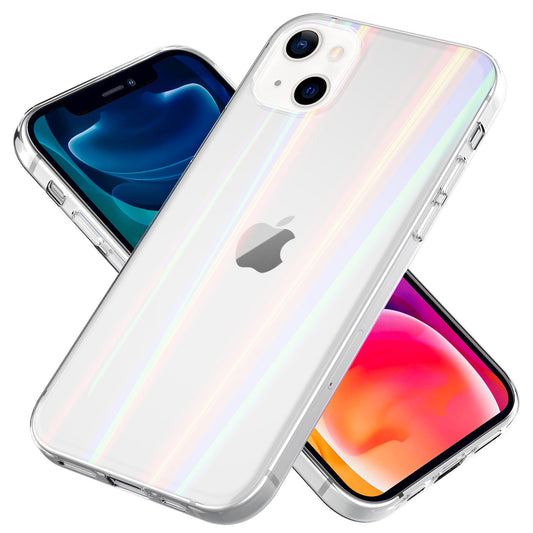 NALIA Klares Hartglas Case kompatibel mit iPhone 13 Hülle, Transparent Regenbogen Effekt Anti-Gelb Kratzfest Tempered Glass & Silikon Bumper, Holografisch Bunt Glänzende Handyhülle Cover Durchsichtig