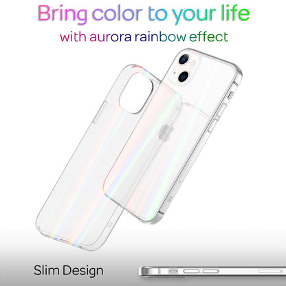 NALIA Klares Hartglas Case kompatibel mit iPhone 13 Hülle, Transparent Regenbogen Effekt Anti-Gelb Kratzfest Tempered Glass & Silikon Bumper, Holografisch Bunt Glänzende Handyhülle Cover Durchsichtig