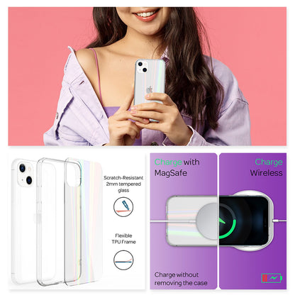 NALIA Klares Hartglas Case kompatibel mit iPhone 13 Hülle, Transparent Regenbogen Effekt Anti-Gelb Kratzfest Tempered Glass & Silikon Bumper, Holografisch Bunt Glänzende Handyhülle Cover Durchsichtig