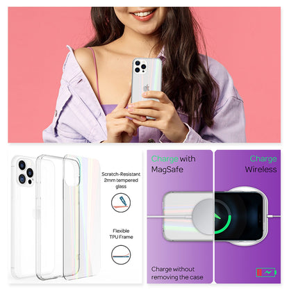 NALIA Klares Hartglas Case kompatibel mit iPhone 13 Pro Hülle, Transparent Regenbogen Effekt Anti-Gelb Kratzfest Tempered Glass & Silikon Bumper, Holografisch Bunt Glänzende Handyhülle Durchsichtig