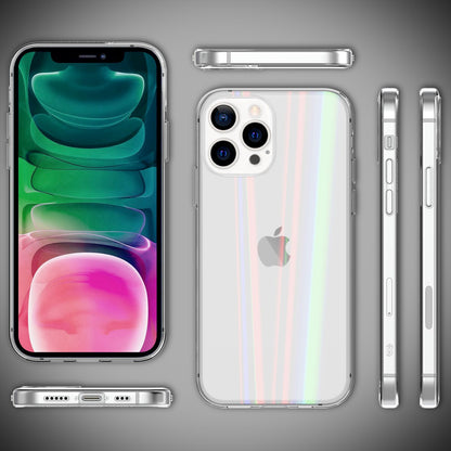 NALIA Klares Hartglas Case kompatibel mit iPhone 13 Pro Hülle, Transparent Regenbogen Effekt Anti-Gelb Kratzfest Tempered Glass & Silikon Bumper, Holografisch Bunt Glänzende Handyhülle Durchsichtig