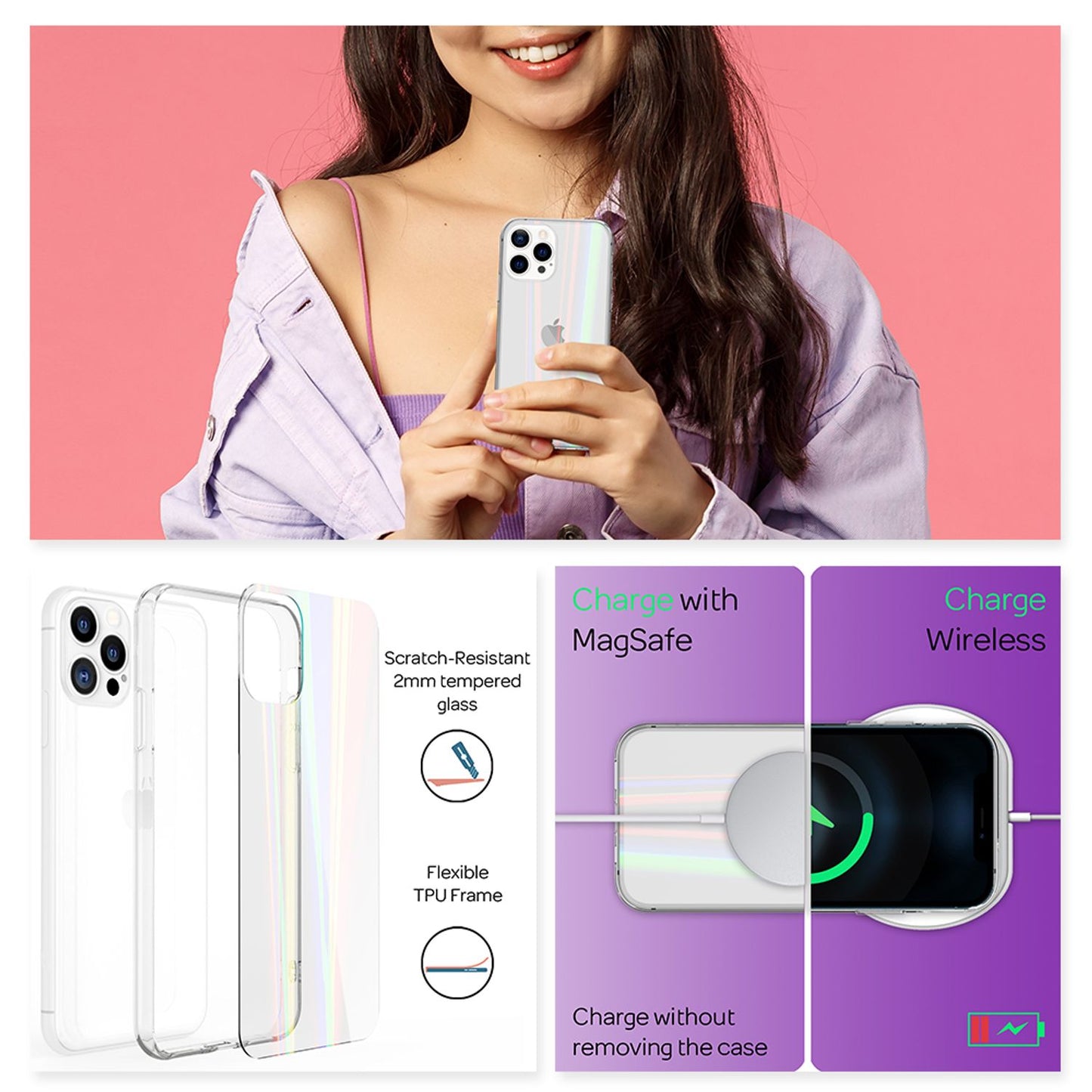 NALIA Transparente Glashülle für iPhone 13 Pro Max – Holografischer Prisma-Effekt (Regenbogen Schimmer) – 9H Hartglas & Anti-Gelb – AURORA – Marke aus Berlin